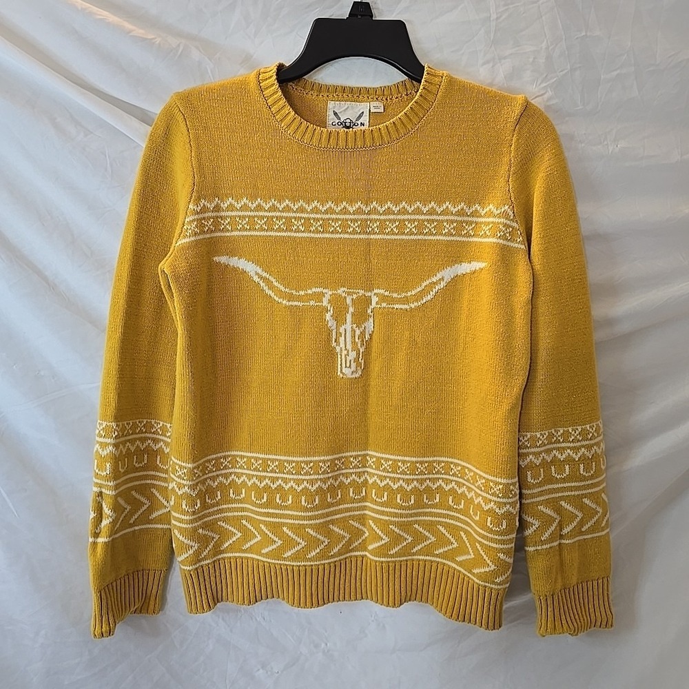 Cotton & Rye Longhorn Sweater Yellow Sx‎ Z S Cowboy Rodeo Longhorn